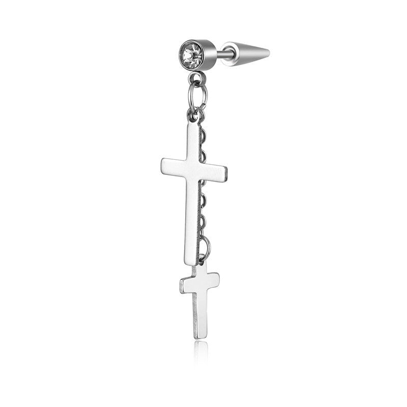 Wholesale Single Titanium Steel Tassel Chain Cross Men's Earrings